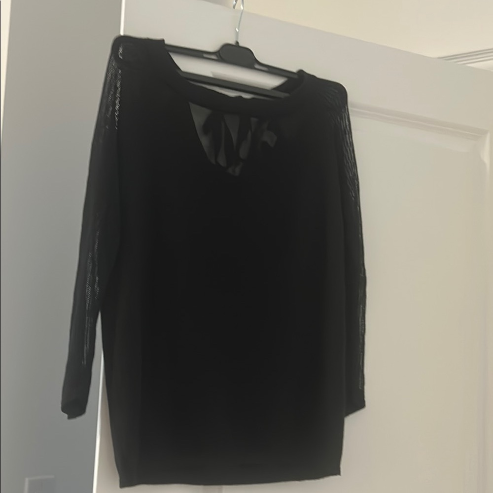 DKNY Elegant Black Viscose Top with Sheer Sleeves and tie at the back
